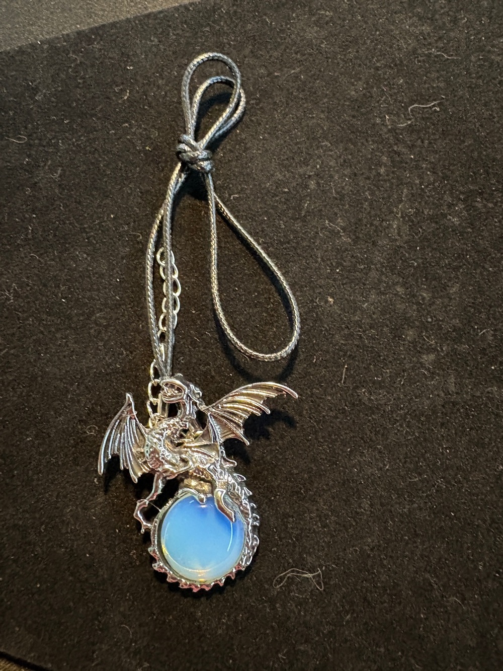 Silver Tone Dragon Pendant Necklace with Blue Opalescent Stone